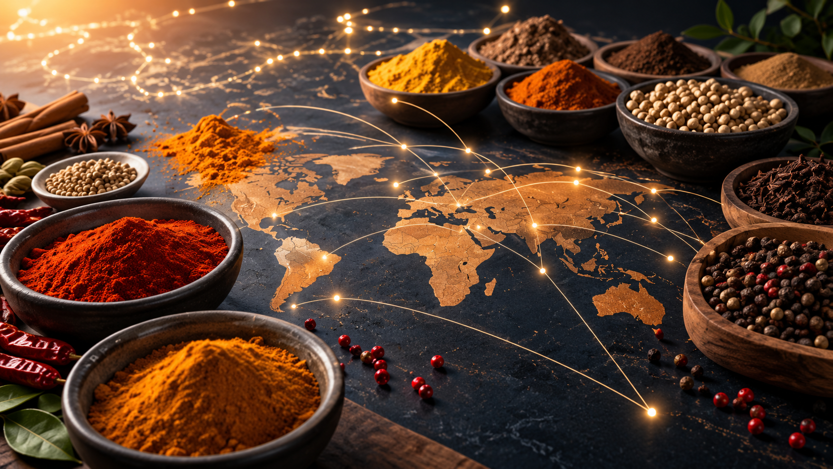 Spice bowls and a golden world map showing India connected by glowing trade routes