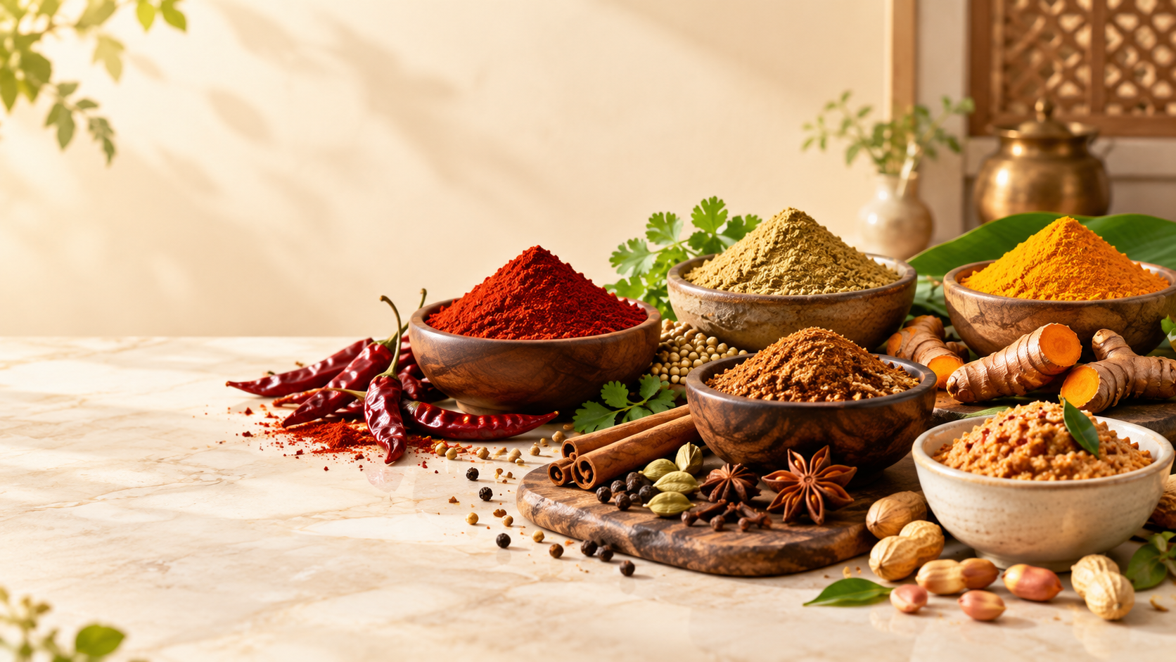 Wooden bowls of red chilli powder, turmeric, coriander powder and garam masala on ivory linen