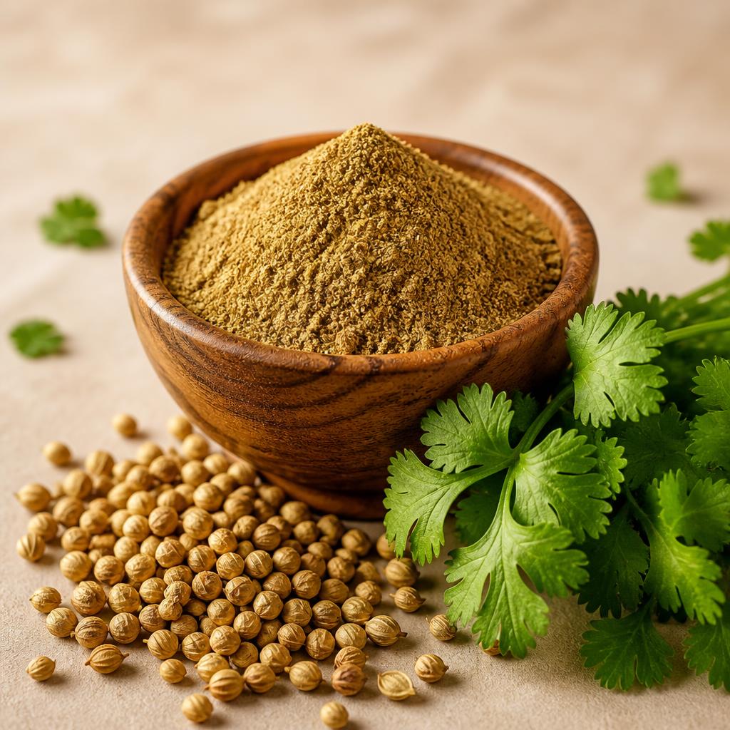 Sanvita coriander powder in a wooden bowl with coriander seeds and fresh coriander leaves